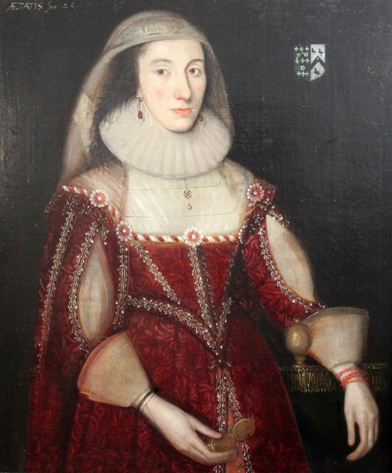 English School, c.1625, Portrait of Grace Rokeby, wife of Conyers DArcy, 1st Earl of Holderness 34.5 x 29in.